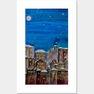 Winter City at Night Posters and Art